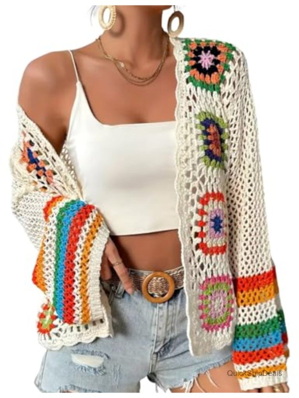 Crochet Floral Cardigan Boho Hollow Out Sweater Open Front Long Sleeve